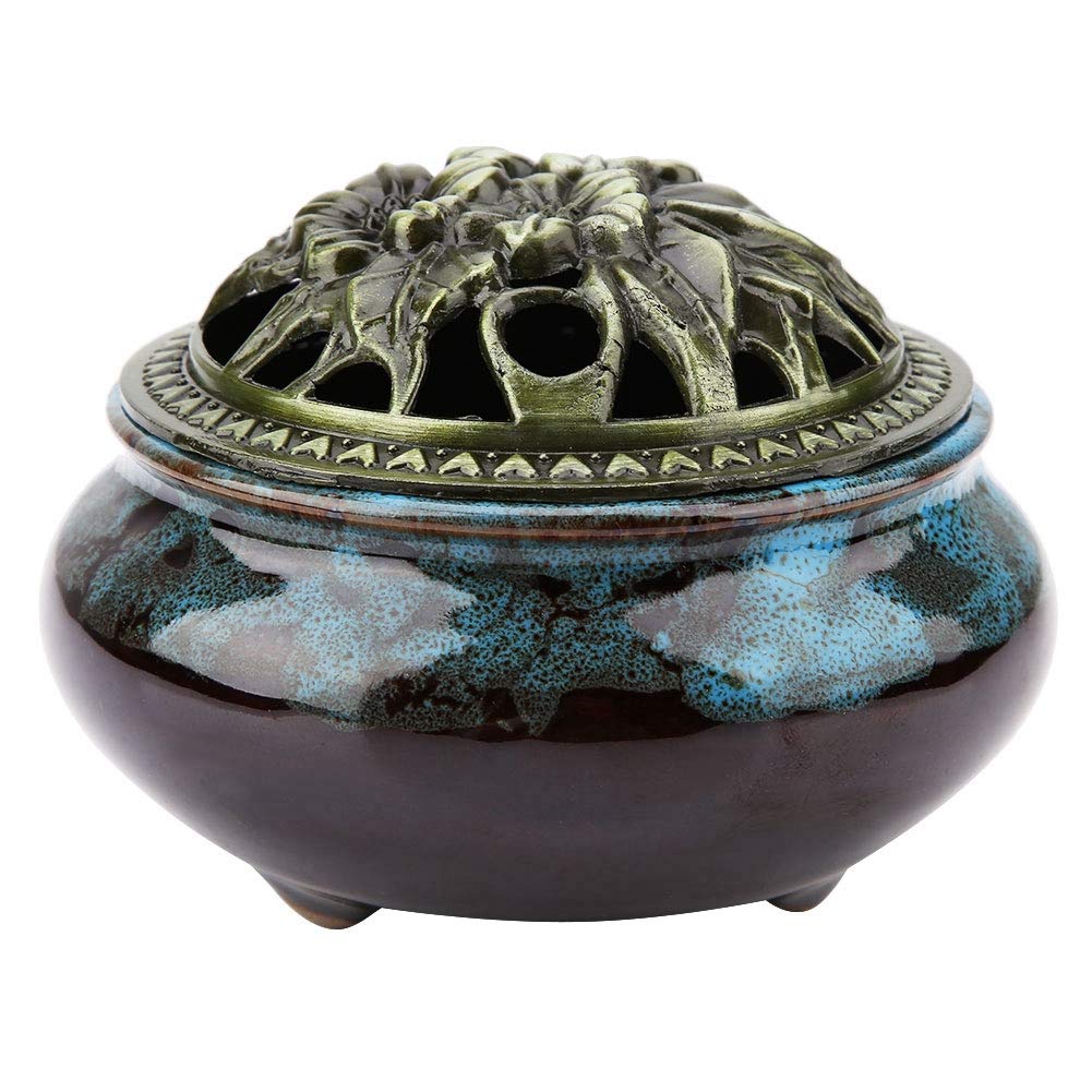 Hilitand Ceramic Incense Burner, Ceramic Incense Holder with Brass Calabash Porcelain Censer for Home Teahouse Ornament (Jewerly Blue)
