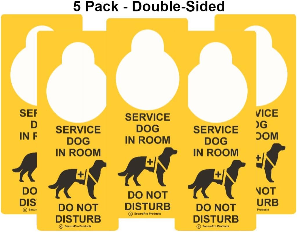 "Service Dog In Room - Do Not Disturb" Premium Quality Vinyl Plastic Double-Sided Door Hanger Signs - Also May Be Used in Conjunction with Emotional Support Dogs
