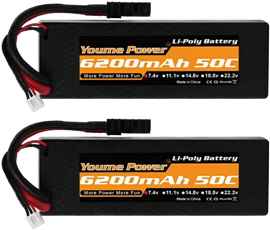 Youme 2packs RC Battery,2s Traxxas Battery 7.4V 6200mah 50C Hard Case