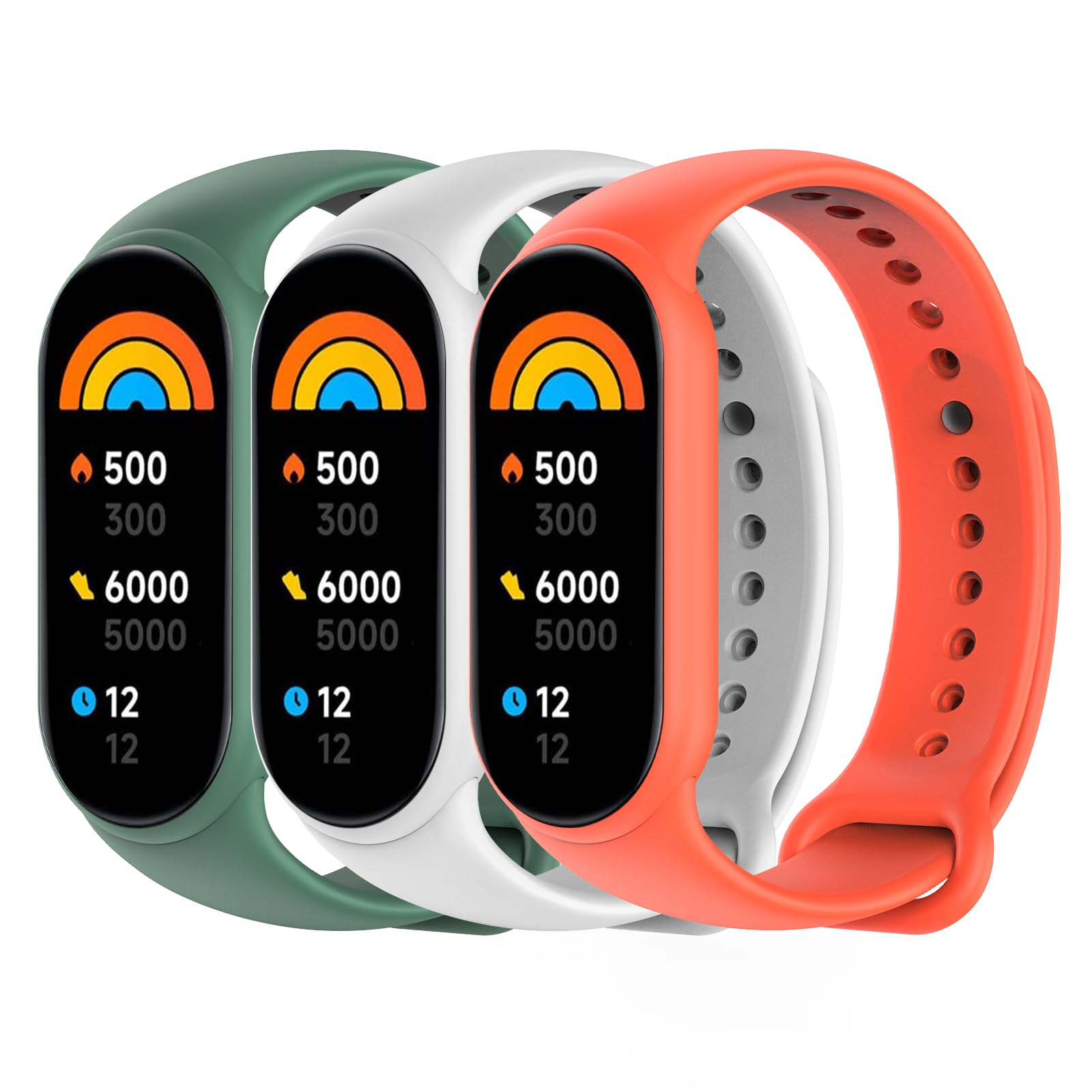 TiMOVO Sport Straps Compatible with XiaoMi Band 8, [3-Pack] Soft Silicone Sports Wristband for Men Women, Adjustable Replacement Watch Straps fit XiaoMi Band 8 Smartwatch, Orange/White/Dark Green
