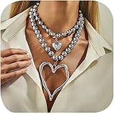 RIJXU Silver Big Chunky Heart Necklaces for Women Large Double Heart Necklace Beaded Puffy Heart Choker Necklace Lucky Y2K Jewelry