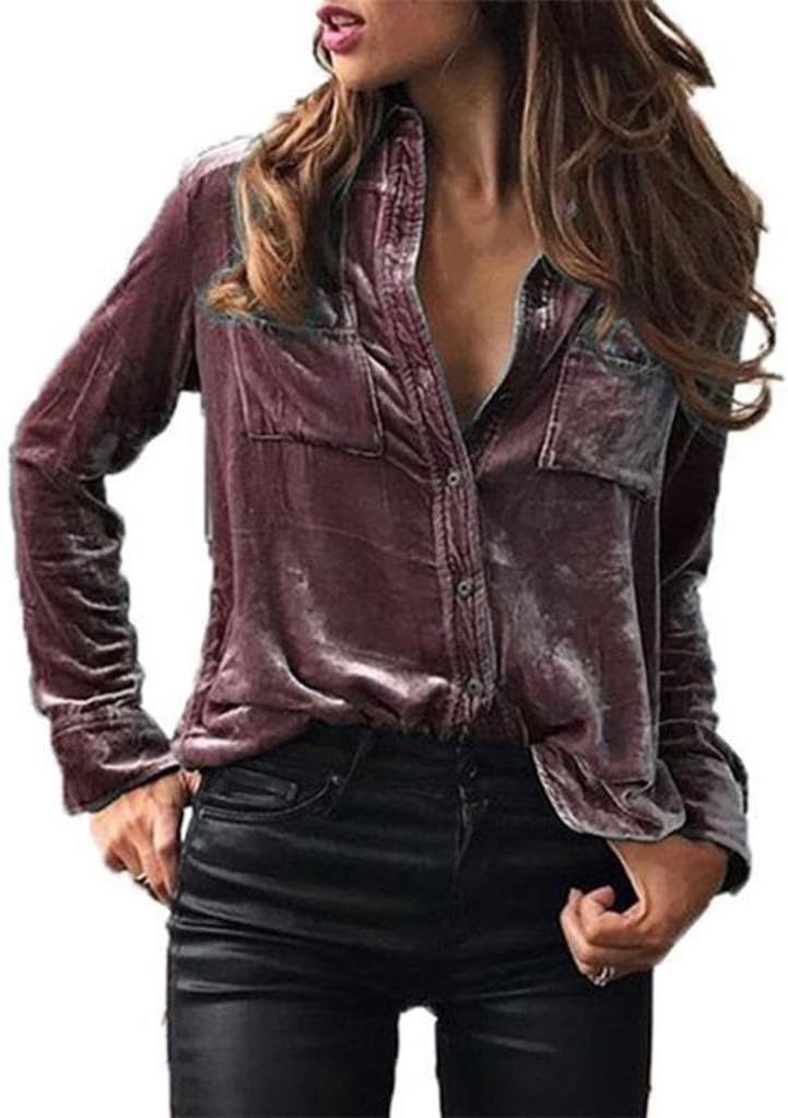 Women Ladies Velvet Shirts Fashion Chic Turn-Down Collar Long Sleeve Button Down Blouse Pocket Shirts Tops Winter Spring Solid Elegant Slim Fit Sweatshirts