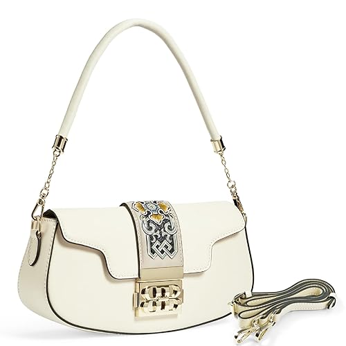 ZHIYONG Clutch Tote Handbags, Genuine Leather Shoulder Bag for Women Hand Carved Painted Leather Clutch Saddle Bag with 2 Removable Strap Cute Hobo Tote Handbag Purse（White）