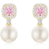 Geelein Pearl Drop Earrings With Cubic Zirconia 925 Sterling Silver Post Square Halo Bridal Wedding Earrings Hypoallergenic for Women