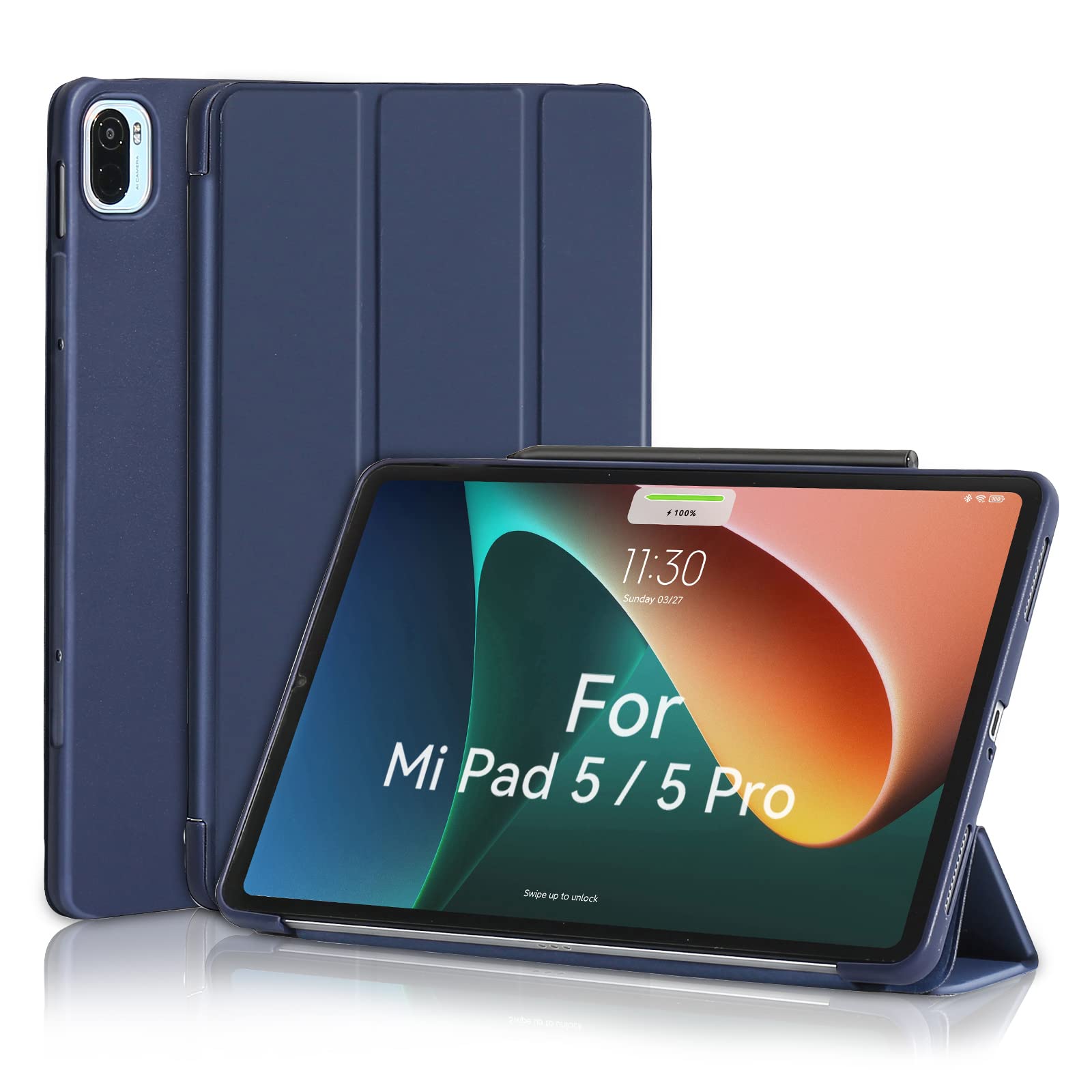 MuyDoux Case for Xiaomi Mi Pad 5/5 Pro 11 inch, Smooth Front Lid & Soft Back Cover, Auto Wake/Sleep, Tri-Fold Slim Lightweight Cover, Dark Blue