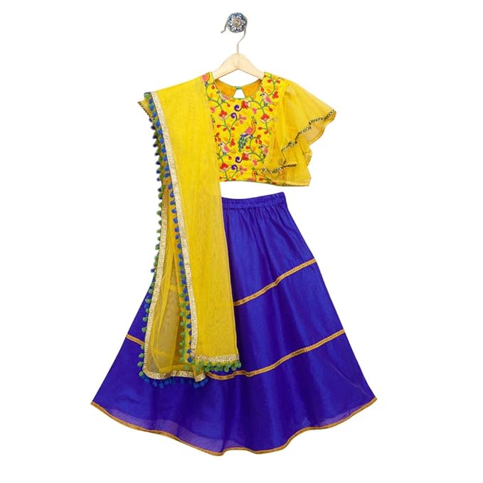 Kids Chakra By Hopscotch Girls Cotton Flower Print Lehengas And Blouses Set With Dupatta in Blue Color