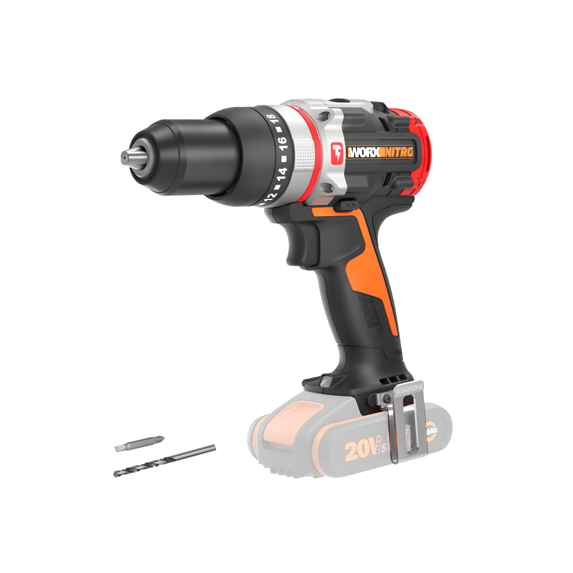 WORX Nitro WX354.9 Akku-Schlagbohrhammer 20V - bürstenloser Motor - 18 Drehmomenteinstellung + Bohren & Hammerbohren - 2-stufige Drehzahlsteuerun - 10mm in Stahlbeton - ohne Akkus & Ladegerät