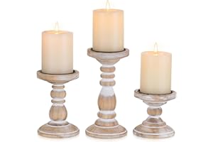 Inweder Wood Pillar Candle Holder: 3Pcs Rustic White Candle Holders for Pillar Candles Wood Candle Holders Distressed Wooden Farmhouse Candle Holder Large Rustic Candle Holder for Fireplace Table