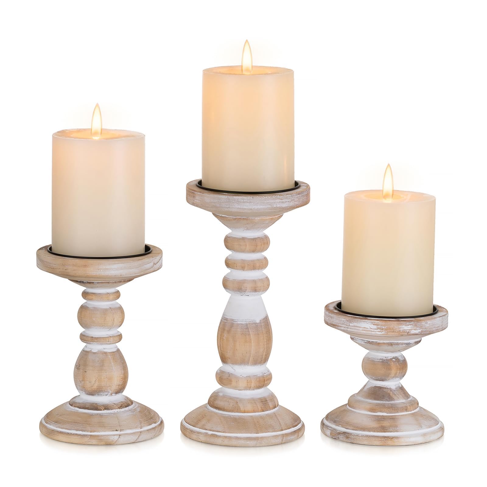 Inweder Wood Candle Holders for Pillar Candles: 3 pcs White Rustic Candle Holders Distressed Wooden Farmhouse Candleholder for Home Decor Tall Pillar Candle Holder Stand for Fireplace Party Event