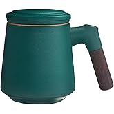 ZENS Tea Cup with Infuser and Lid, 11 oz Green Ceramic Steeper Mug for Loose Leaf Tea Lovers Gifts, Wood Handle Tea Strainers.