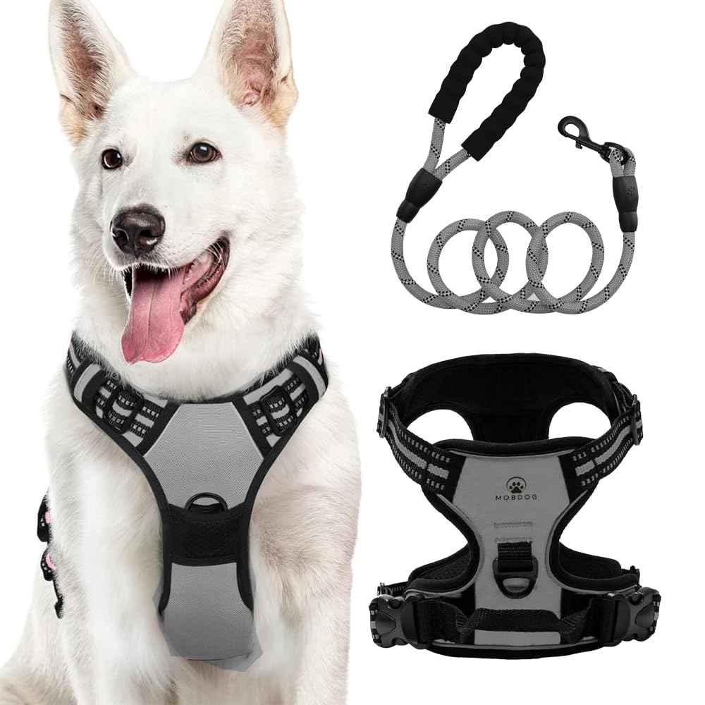 MobDog Dog Harness and Lead Set – Grey No Pull Harness for Dogs with 5 Feet Leash – Puppy Harness and Lead Sets for Medium, Small, Large Dogs – Reflective Vest for Dogs with Comfortable Padding