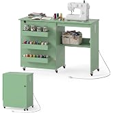 COSTWAY Folding Sewing Table with Charging Station, Sage Green | Lockable Casters, 3-Tier Shelf, Middle Rack, Magnetic Door, Small Sewing Desk for Home Apartment, Studio