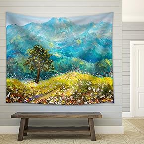 Colorful Mountains Oil Painting. Sunny Road in Mountains - Fabric Wall Tapestry Home Decor - 51x60 inches