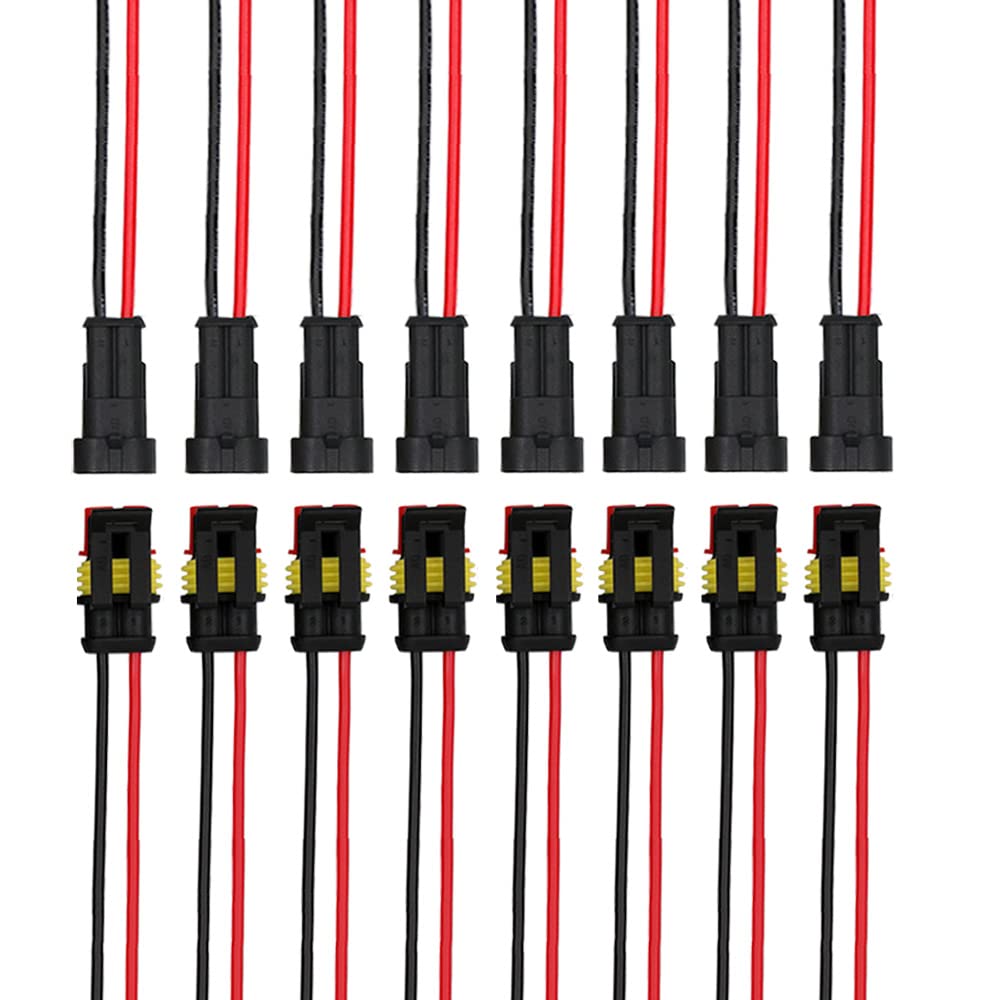 QitinDasen 8 Set 2 Pin Waterproof Car Electrical Connectors, Sealed Waterproof Electrical Connector Plug Socket Kit with 16 AWG Pre-Wired, for Car Truck Boat