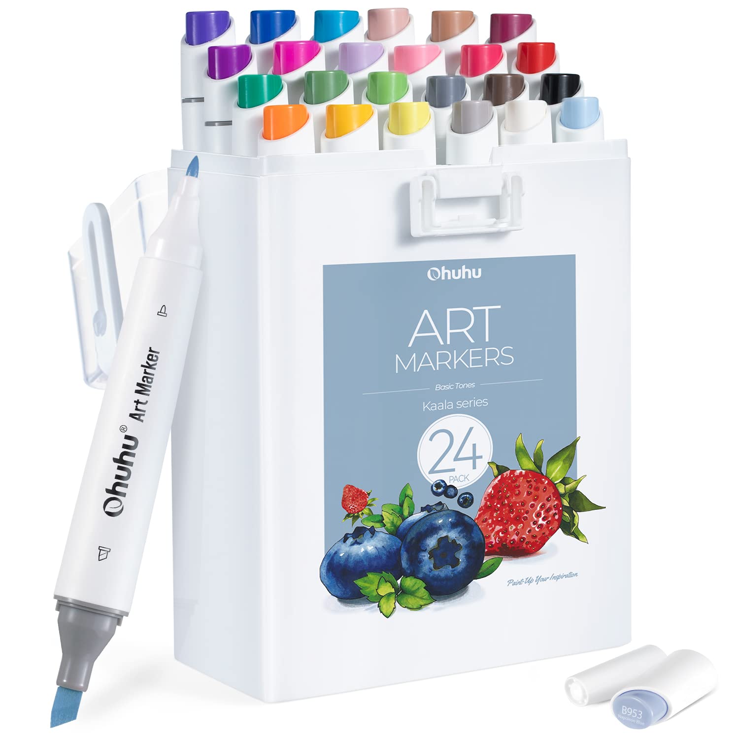 Ohuhu Alcohol Markers Slim Broad and Fine Tip, 24+1 Basic Tones Seamless Blending Ink Refillable Markers for Coloring, Journal, Writing, Highlighting, Note-Taking, Doodling, Mind Mapping - Kaala Serie