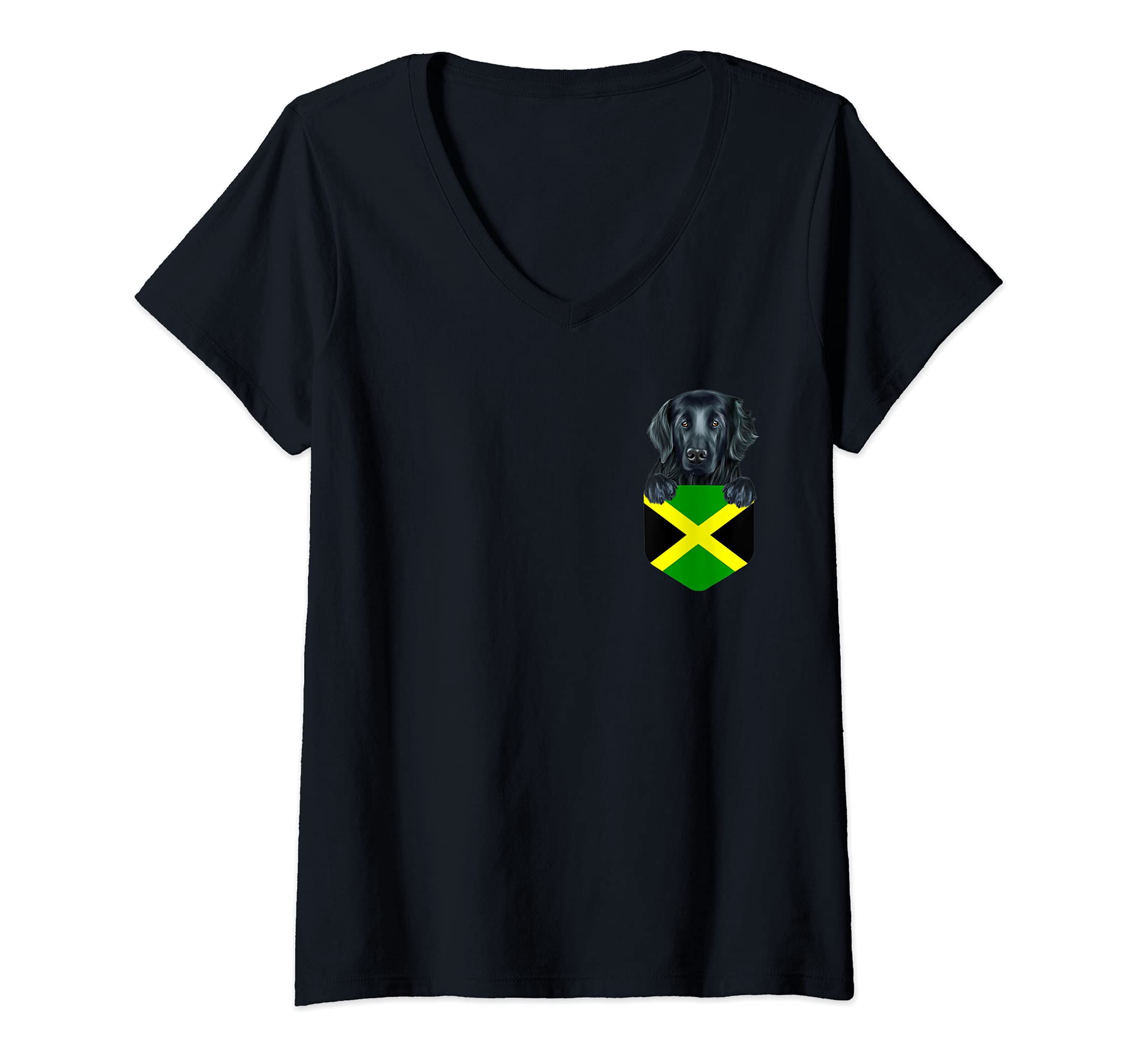 Womens Jamaica Flag Flat-Coated Retriever Dog In Pocket V-Neck T-Shirt