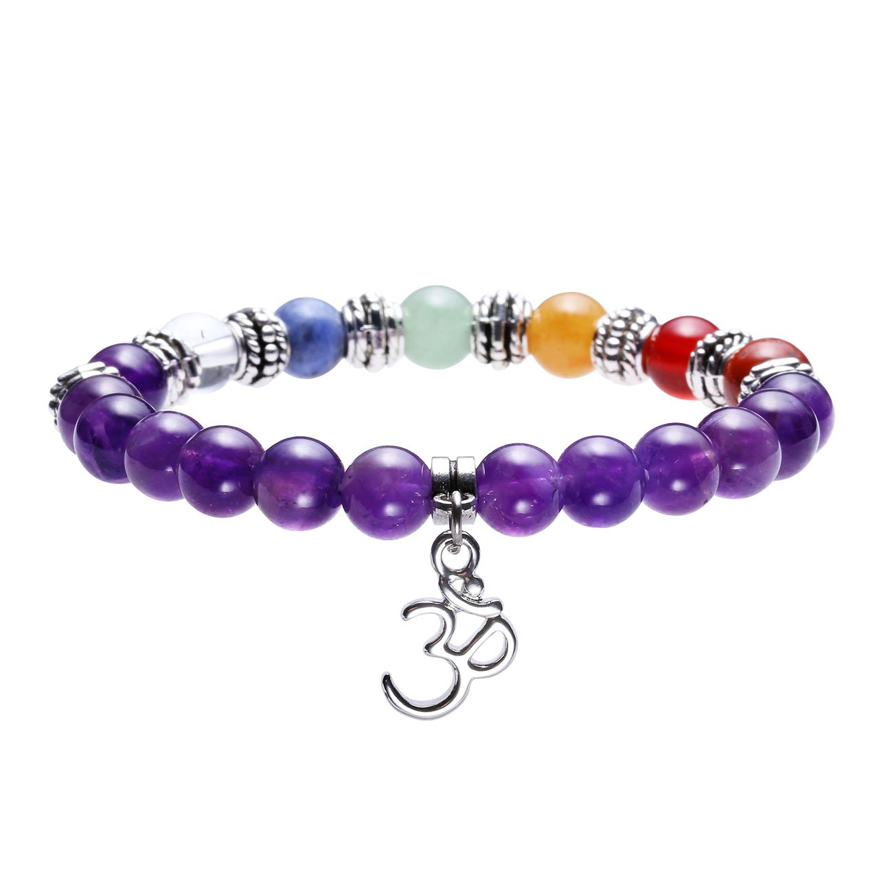Jovivi Lot de 3PCS 7 Chakra Pierres Naturelles Amethyste Perles d\'Energie Bracelet Extensible Elastique Tibetain Bouddhiste avec Pendentif Arbre de la Vie/Lotus/Symbole OM