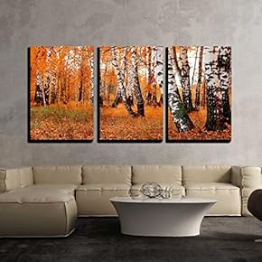 3 Piece Canvas Wall Art - Orange Birch Grove - Modern Home Art Stretched and Framed Ready to Hang - 16"x24"x3 Panels
