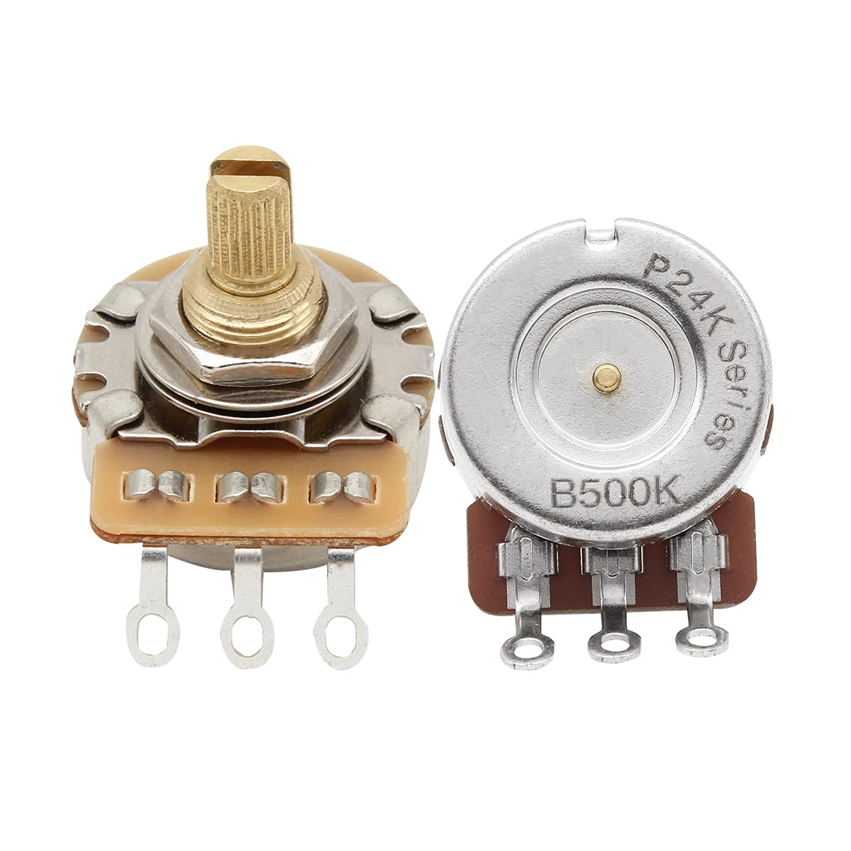 FLEOR Short Brass Shaft Control Pots B500K Linear Taper Potentiometers 24 Spline Split Shaft D3/8" for Electric Guitar Control Volume Tone, Pack of 2