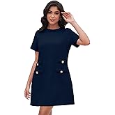 Ladyful Womens Tweed Jackie Dress Short Sleeve Elegant Crew Neck Business Party Vintage Button Bodycon Mini Jackie Dress