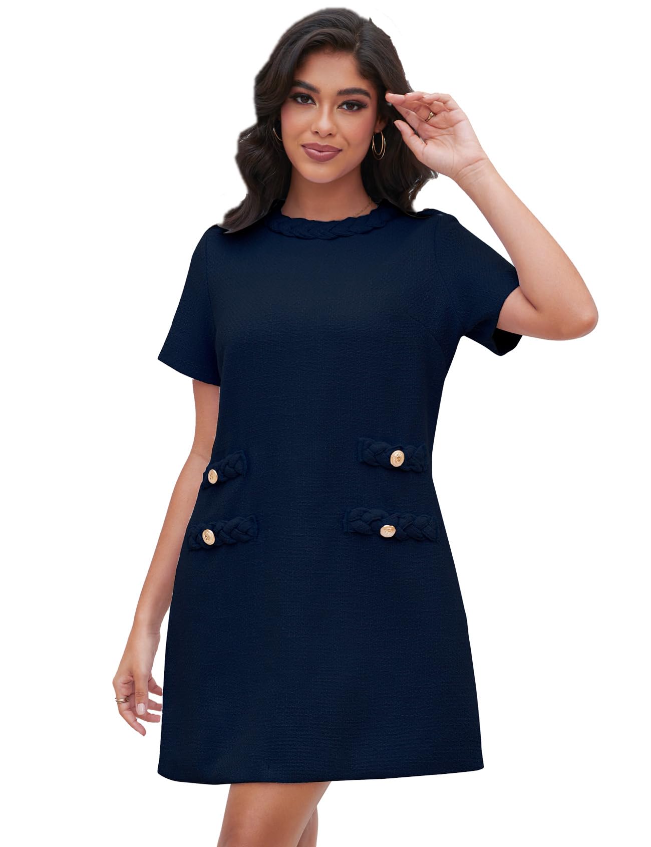 Photo 1 of Ladyful Womens Tweed Jackie Dress Short Sleeve Elegant Crew Neck Business Party Vintage Button Bodycon Mini Jackie Dress Navy