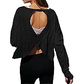 Open Back Workout Tops for Women Long Sleeve Casual Crop Athletic Shirts 100% Cotton Gym Yoga Backless Oversize Tops