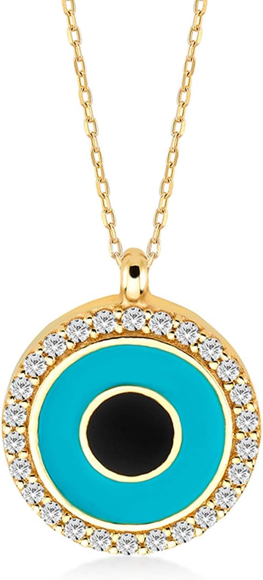 Women's and Girls' Necklace 14 Carat 585 Real Yellow Gold with Gold Pendant Eye Amulet Against Evil Eye Pendant Nazar Boncuk Gift for Birthday Christmas Chain 45 cm