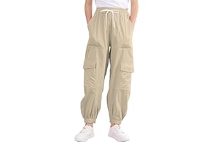 Kimoda Girls Cargo Pants Elastic Waist Casual Jogger Pants for Girls Streetwear Loose Parachute with Pockets 7-14Years