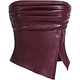 Milumia Women's Ruched Pu Leather Tube Top Strapless Split Hem Bandeaus Partywear