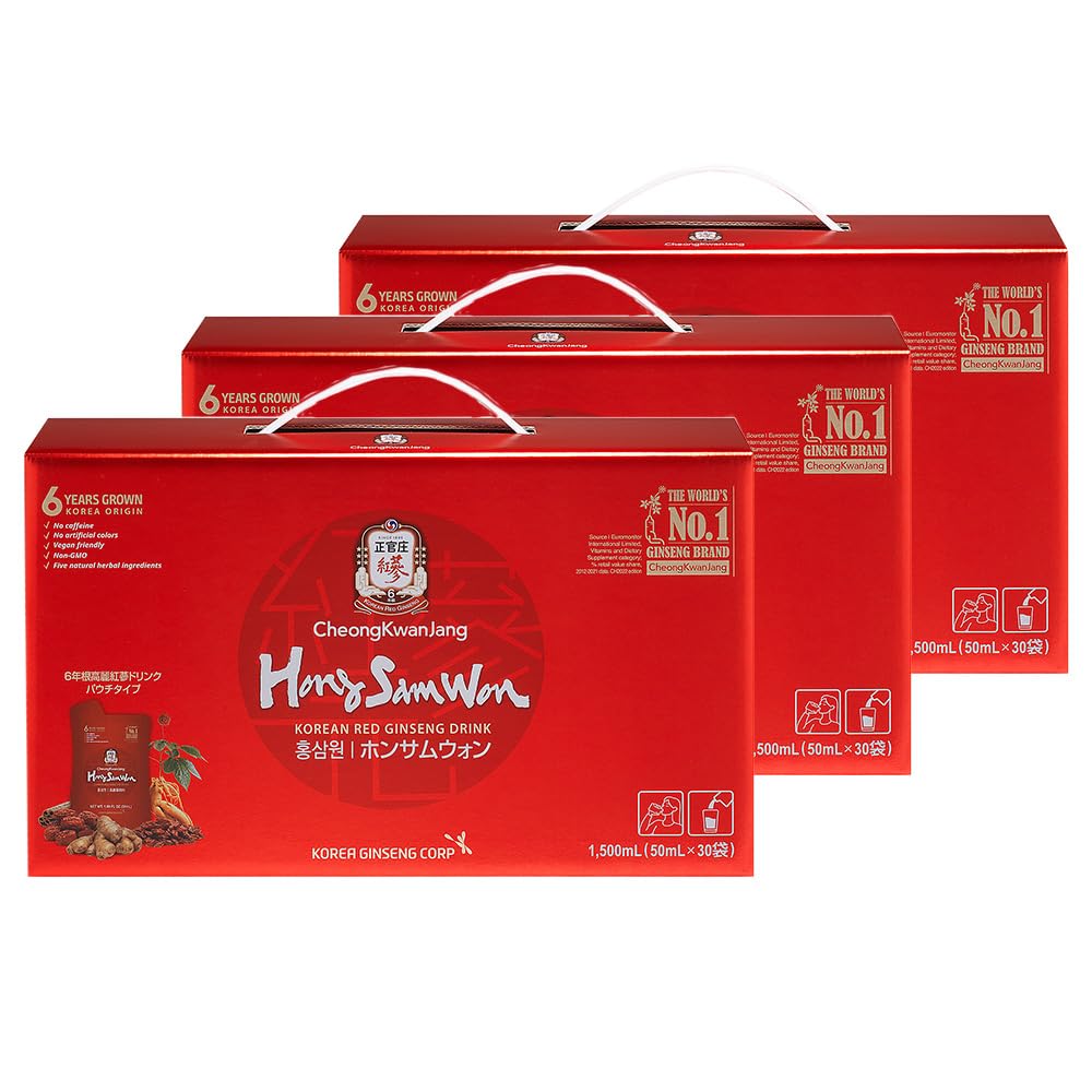 正官庄(ジョンガンジャン) ホンサムウォン (HongSamWon) 50ml×30袋 3個セット 韓国産 6年根 高麗人参 濃縮エキス 朝鮮人参 紅参(ホンサム) ginseng 天然素材 配合 栄養ドリンク コストコ 国内正規品商品画像