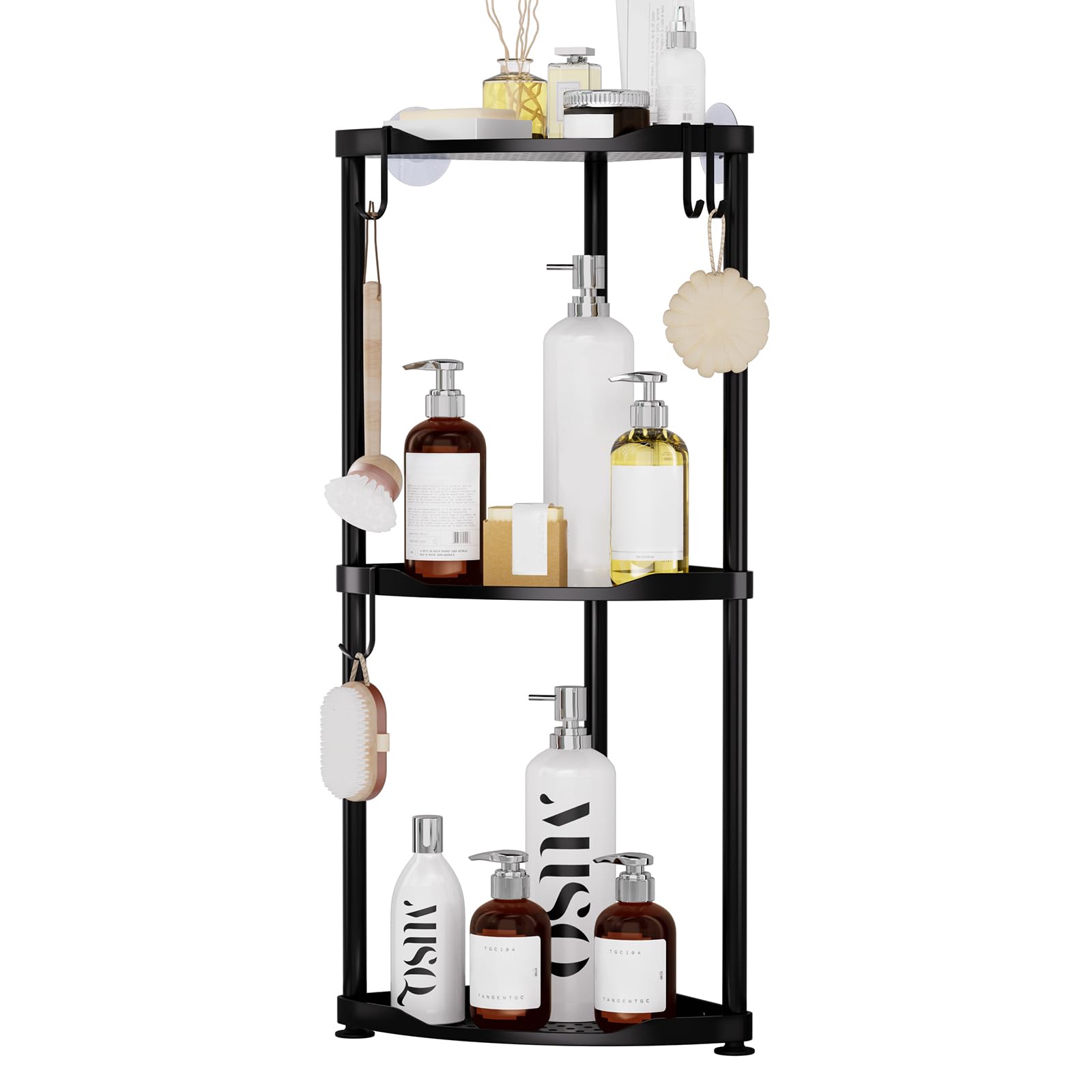Photo 1 of SWTYMIKI Corner Shower Caddy Standing - 3 Tier Stainless Steel Shower Organizer Stand, Large Capacity Floor Shelf with 4 Hooks, Rustproof Bathroom Storage Rack, Black