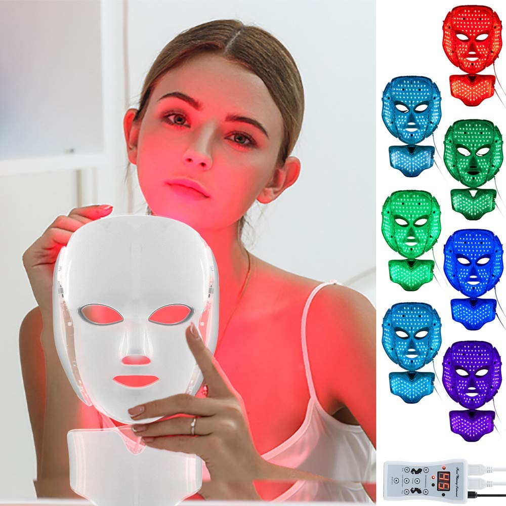 Led Face Mask with 7 Color Facial Skin Deall Mask Proven Light Therapy Acne Photon Mask (White) : Beauty