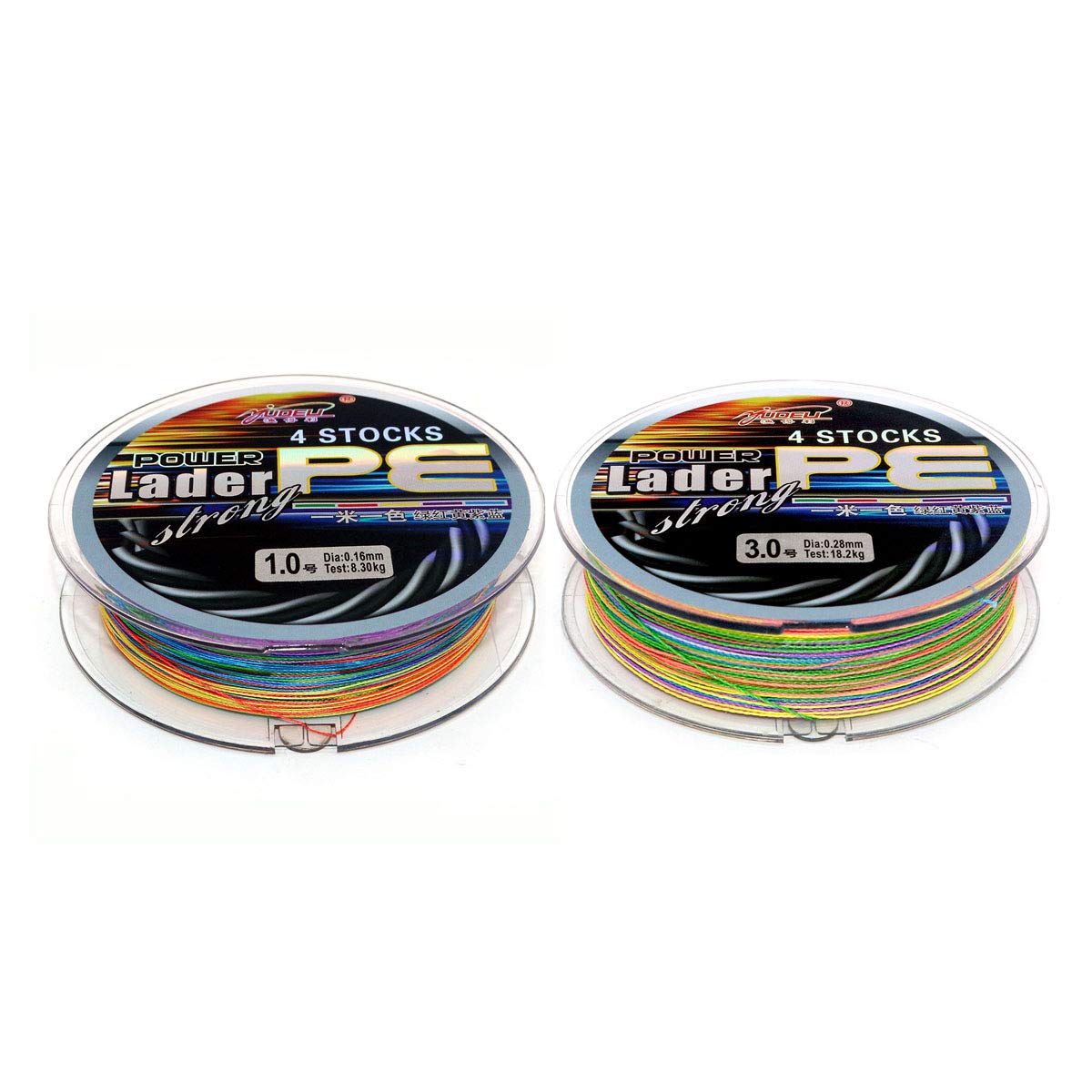 NUZAMAS Set of two Braided fishing lines, total 200m/220yds, Mixed Colors, 4 Strands Weaves, Super Smooth PE Braided Lines, Size 1.0 (8.3kg/18.3lbs) and Size 3.0 (20.8kg/45.86lbs)