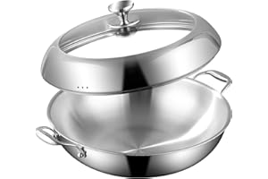 DELARLO Tri-Ply Stainless Steel Wok Pan with Lid 14inch, Healthy Non-Toxic Flat Bottom Induction Wok, Stir Fry Pan for Glass 