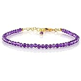 Natural Gemstone Micro Beads Dainty Bracelet Jewelry for Women, Birthstone, Chakra Energy Crystals, 14k Gold Plated Chain 8 inch Adjustable