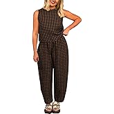 Womens Plaid 2 Pieces Lounge Pants Sets Y2K Sleeveless Gingham Crop Tank Top Outfits Baggy Wide Leg Barrel Loungewear Suits