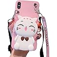 SGVAHY Wallet Case for iPhone 7Plus/8Plus with Strap Lanyard Cute Cat Pink Coin Purse Funny Phone Case Kawaii Soft Silicone Shockproof Cover for Women Girls