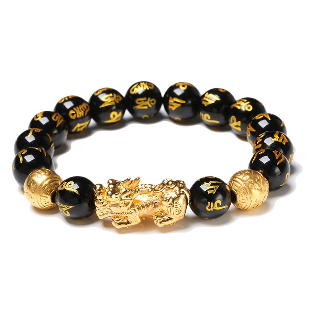 Stylelove Black Obsidian Wealth Bracelet with Golden Pi Xiu Lucky Wealthy Amulet Bracelet and Attract Wealth and Good Luck