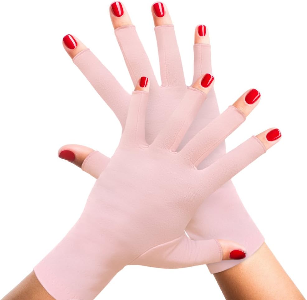 Womens Arthritis Compression Gloves - Therapeutic Hand + Finger Support for Arthritic Pain Symptoms, Raynauds Disease, Joint Pain, Rheumatoid + Osteoarthritis. 1 Pair Ladies Pink Fingerless Glove (S)