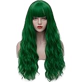 Juziviee Green Wigs for Women 26'' Long Green Wig with Bangs Curly Wavy Cute Synthetic Soft Hair Wigs for St Patrick's Party AD002GR