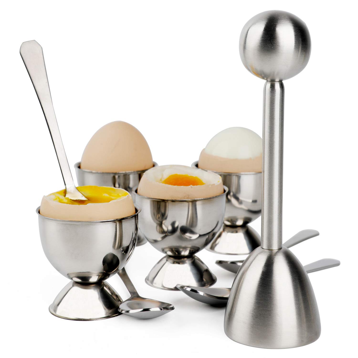 Egg Cracker Topper Set Soft Hard Boiled Eggs Separator Holder Include 4 Spoons and 4 Cups 1 Shells Remover Top Cutter Stainless Steel for Breakfast Kitchen Tool