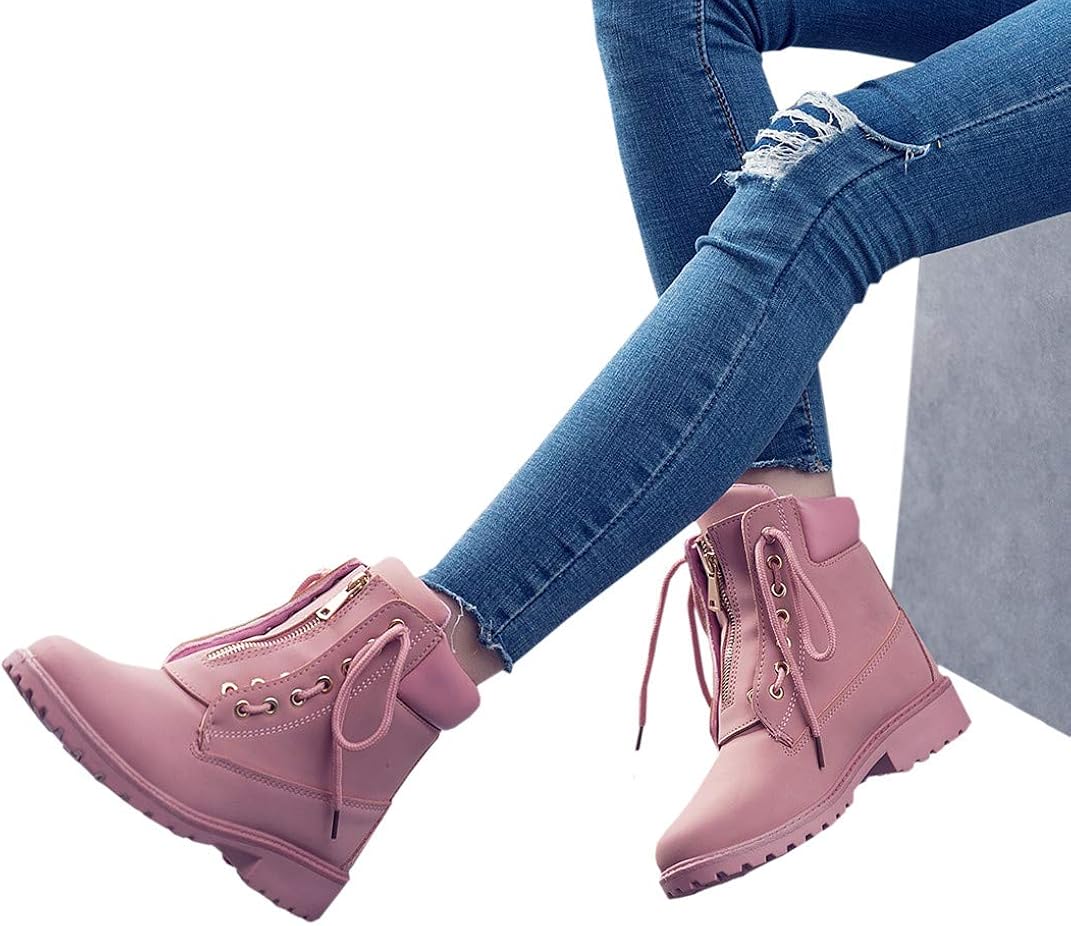  | DADAWEN Women's Round Toe Waterproof Ankle Bootie Lace Up Low Heel Work Combat Boots | Ankle & Bootie