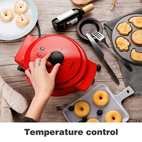 Finether Mini 3-in-1 Non-Stick Snack Maker, Aluminum Multi-Plate Waffle Iron for Donuts Heart-Shaped Waffles Cartoon Cakes, Adjustable Temperature, Easy to Clean, Cord Wrap & Cool Touch Handle, Red - Thumbnail 4