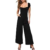 Aprilake Womens Jumpsuit Dressy Casual Cap Sleeve Square Neck Wide Leg Long Pant Rompers With Pockets