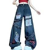 RILGOU Y2K Gothic Grunge Punk Style High Waist Straight Vintage Skull Cross Decor Distressed Ripped Wide Leg Jeans