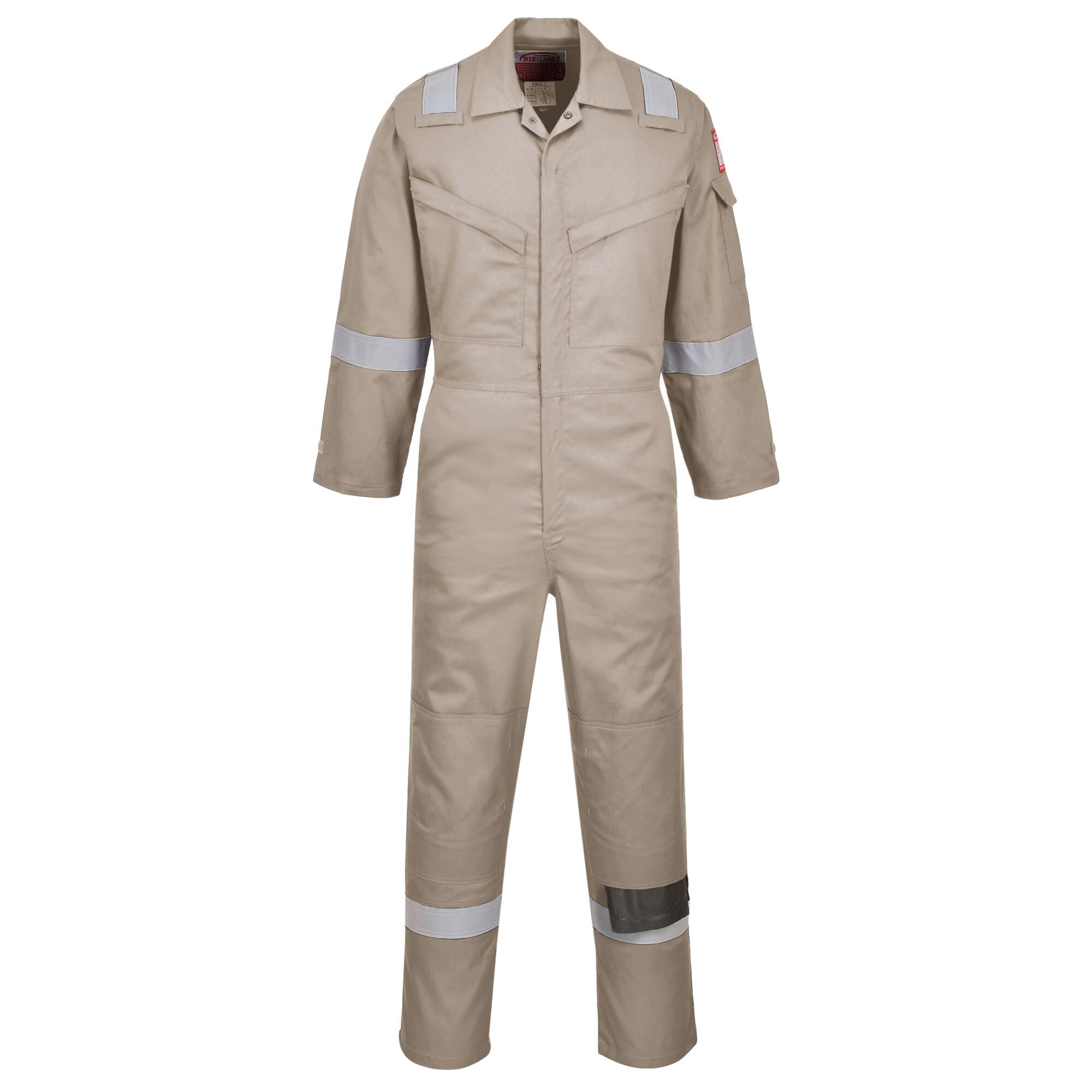 Portwest FR21 Men's Bizflame FR Lightweight Fireproof Coverall Flame Resistant Overall Anti-Static Welding Safety Boiler Suit 100% Cotton Reflective Knee Pad Pockets, Khaki, 3XL