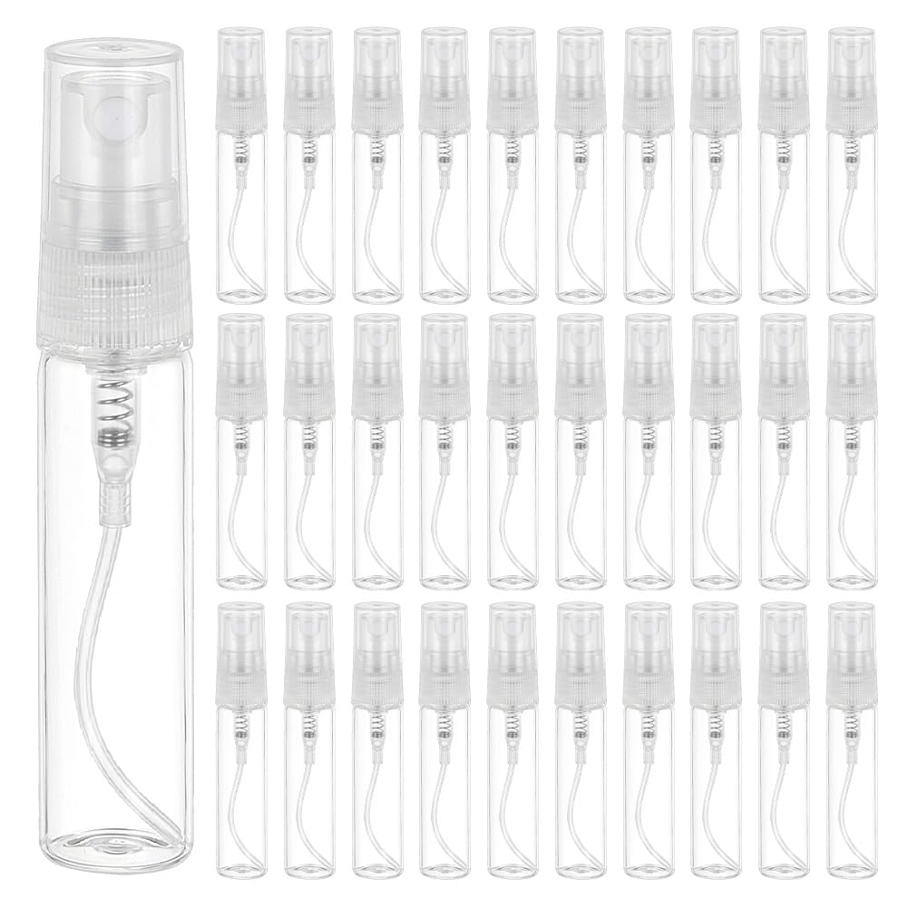 BENECREAT 30PCS 5ml Mini Fine Mist Spray Bottle Transparent Glass Travel Empty Perfume Atomizer Sprayer Refillable Sample Bottle with Plastic Lid for Perfume, Fragrances, Travel Makeup Tool