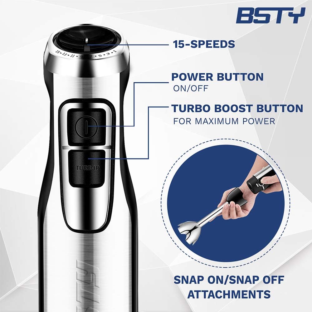 BSTY 2-in-1 Hand Blenders Set 15-Speeds Powerful Immersion Blender with 500-Watt Motor and Turbo Boost Button for Maximum Power, Hand Held Blenders: Kitchen & Dining