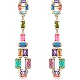 Crystal Dangle Drop Earrings for Women Multicolor Long Crystal Chandelier Iridescence Cubic Zirconia Square Statement Drop Earrings for women