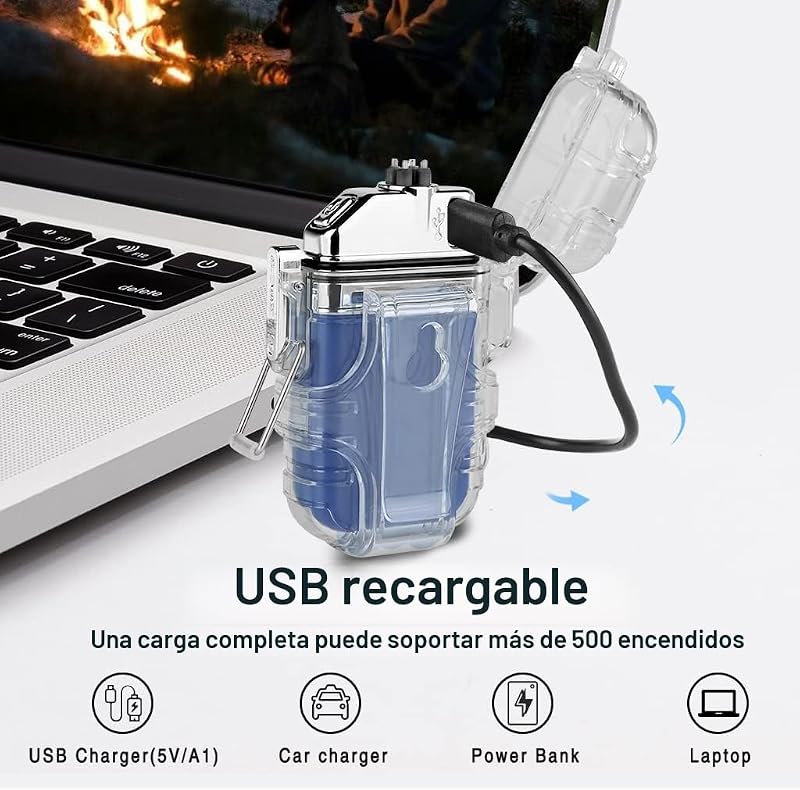 Encendedor impermeable y resistente al viento, doble arco, de plasma, eléctrico, recargable, con silbato de emergencia de supervivencia y cordón, color azul